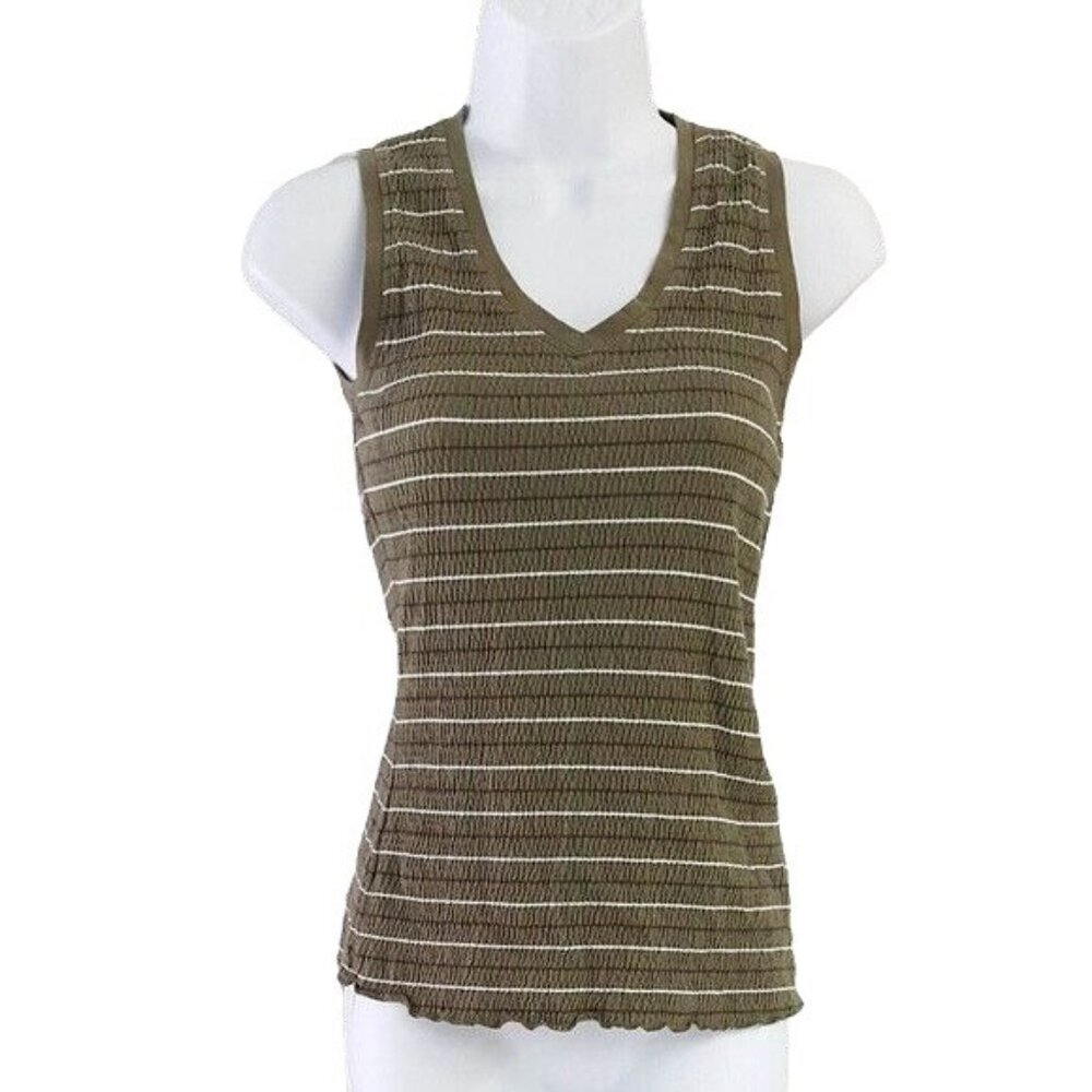 Lole Womens Athletic Top Green XS Stripe Crinkle Ribbed Scoop V Neck Sleeveless